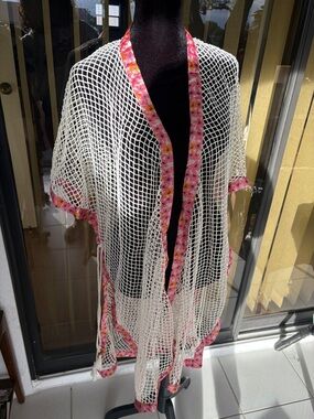White Crochet Kimono with Pink Floral Trim
